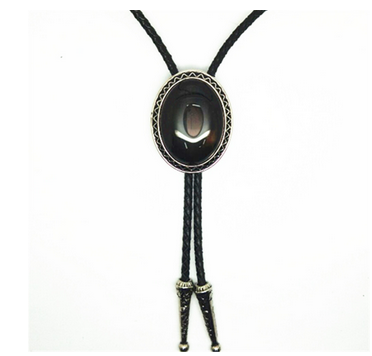 Black Genuine Agate Western Cowboy Bolo Tie Rodeo Necktie Leather Cord Pendant Necklace Semi Precious Stone