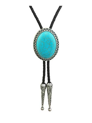 Genuine Leather Bolo Tie for Men Native Western Turquoise Stone Silver Tone  BT0071