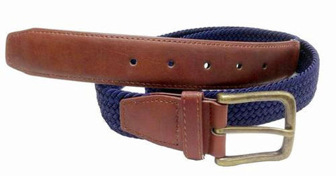 Wholesale Mens Elastic  Braided Golf Style Leather Stretch Cord Belt Navy Blue 7800NB